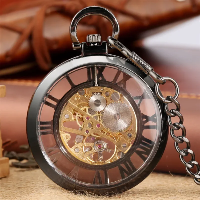 Luxury Watch All Black - Luxuriöse mechanische Handaufzug-Taschenuhr mit römischen Zahlen,
