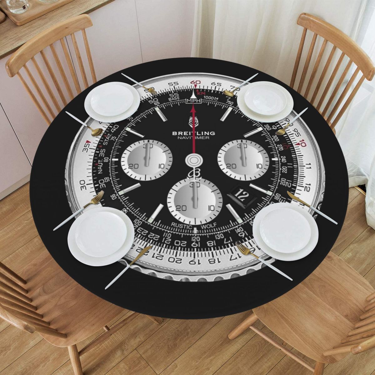 Luxury Watch Events - Schwarze Luxus-Tischdecke mit Uhrenzifferblatt-Design, Wasserdicht, Rund,
