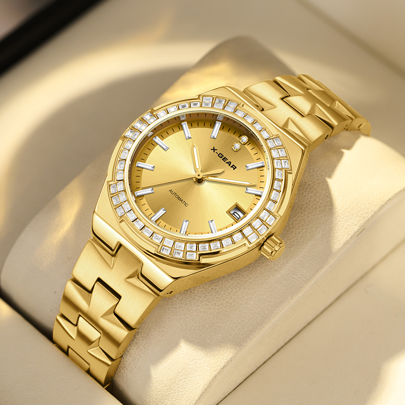 Luxury X I Watch - Luxuriöse Business-Damenuhr mit Diamantgehäuse, Kalender, Edelstahlarmband